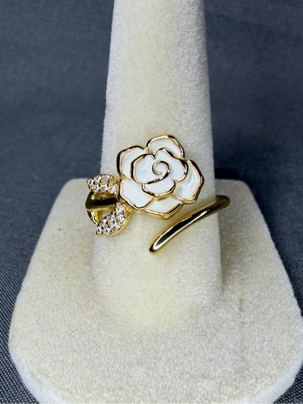 White Enamel Rose Wrap Ring Gold Tone CZ Floral Adjustable Statement Ring - Picture 4 of 6